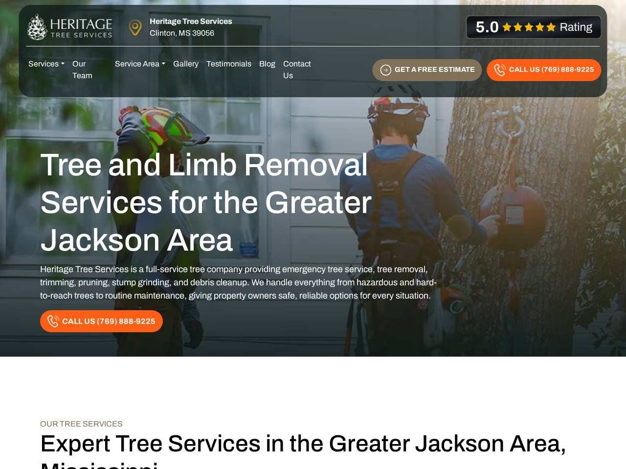 Heritage Tree Services homepage, tree removal for the greater Jackson, MS area