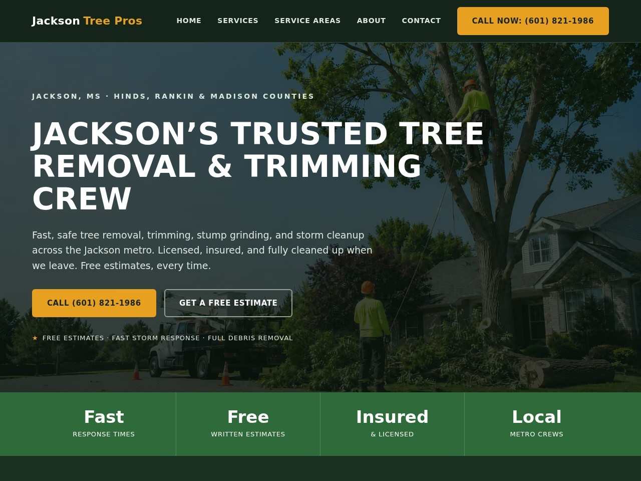 Jackson Tree Pros homepage, tree removal and trimming across the Jackson, MS metro