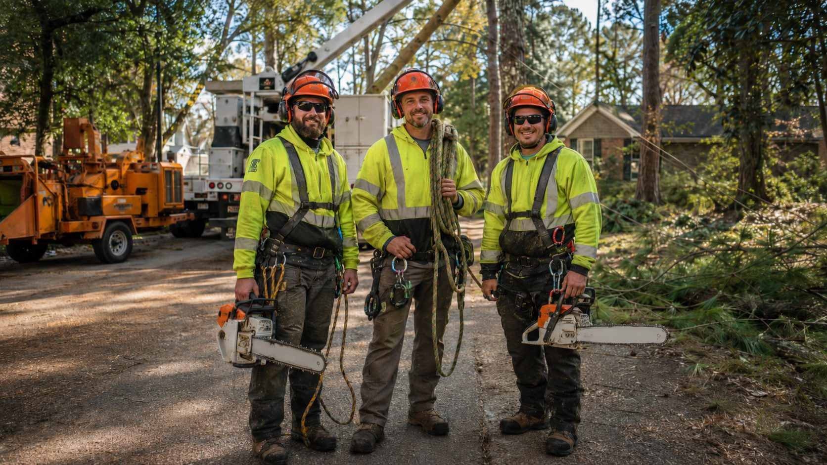 Local Jackson tree service crew with bucket truck and chipper